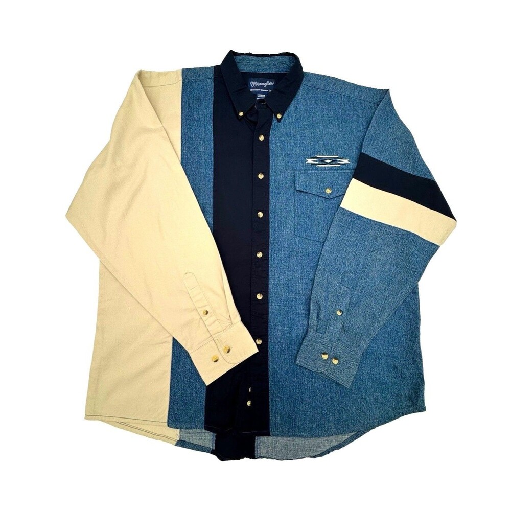 Vtg Wrangler Men's XL Blue Beige Black with Denim Western Button-Up Pockets
